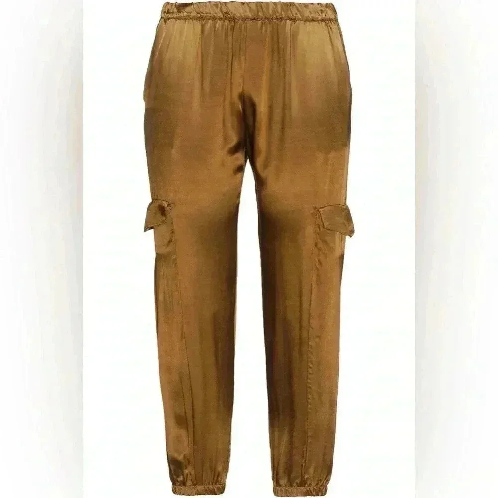 ENZA COSTA Women's Medium Silky Satin Jogger Cargo Pants Bronze Brown Glam 2